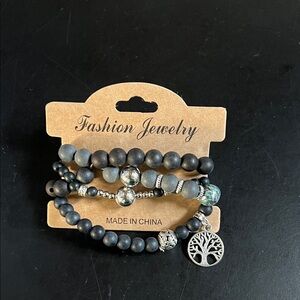 Fashion Jewelry Charcoal Beaded Bracelet Set with Tree Charm